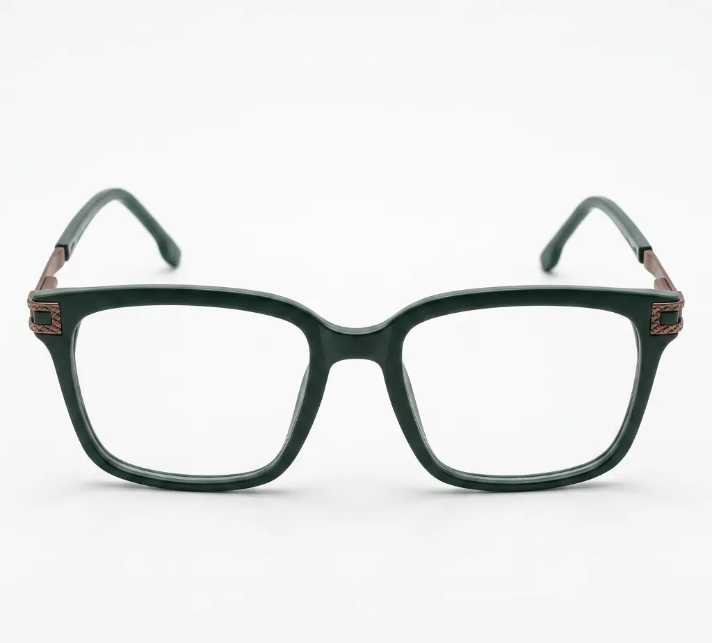 [F97] Modern Matte Forest Green Unisex Square Eyeglasses with Rose Gold Woven Detailing