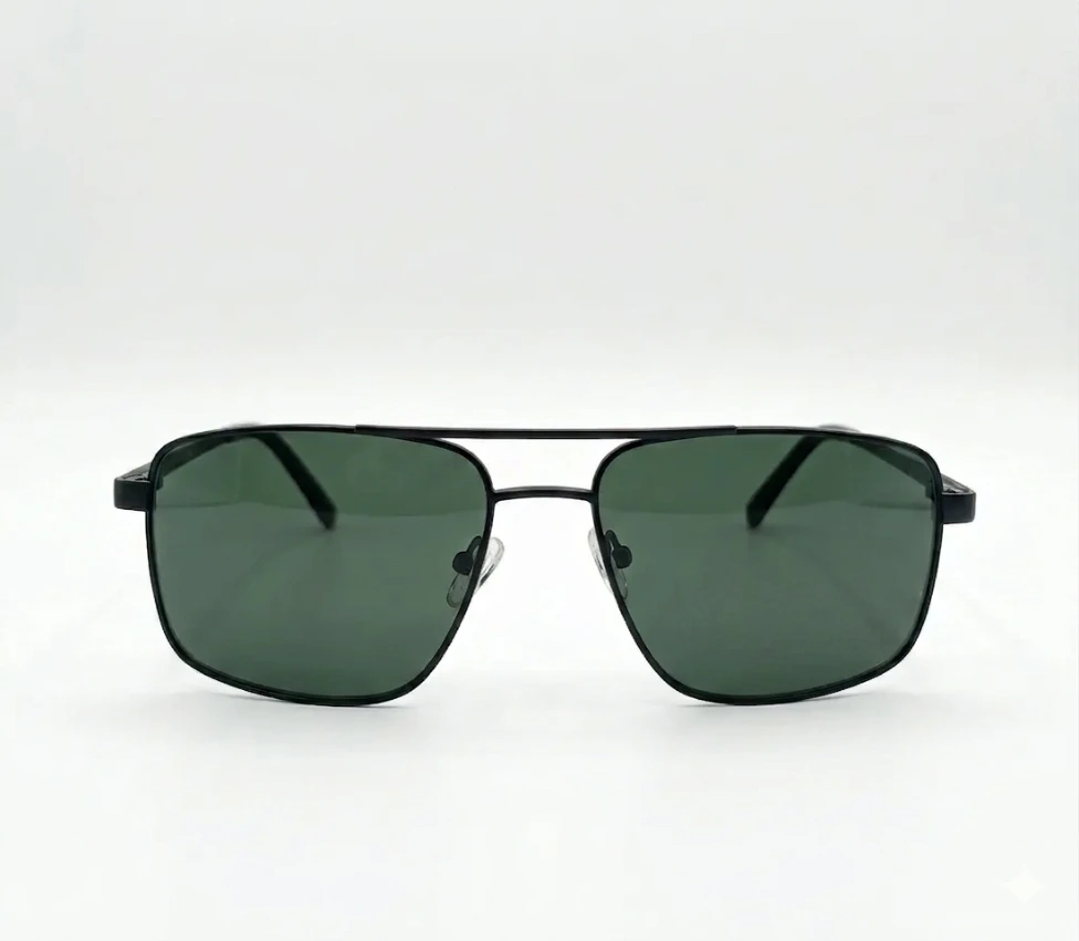 Modern Square Navigator Sunglasses – Matte Black Metal Frame with Dark Green Tint Lenses
