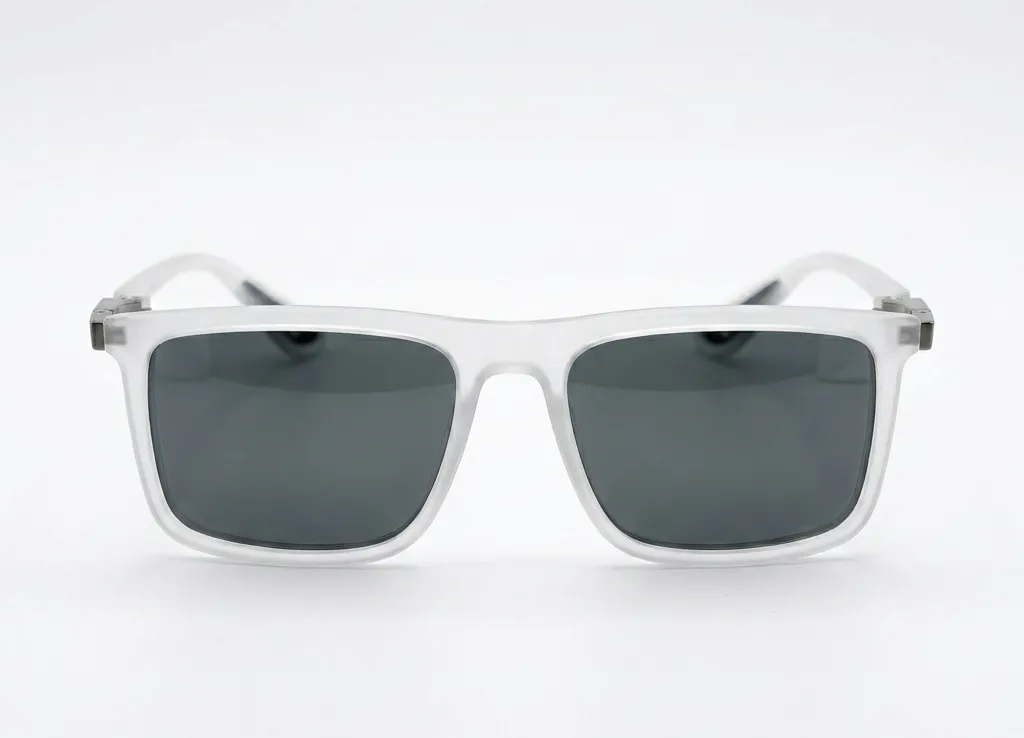 Frost Grey Crystal Frame Polarized Rectangular Sunglasses with Silver Temple Accents