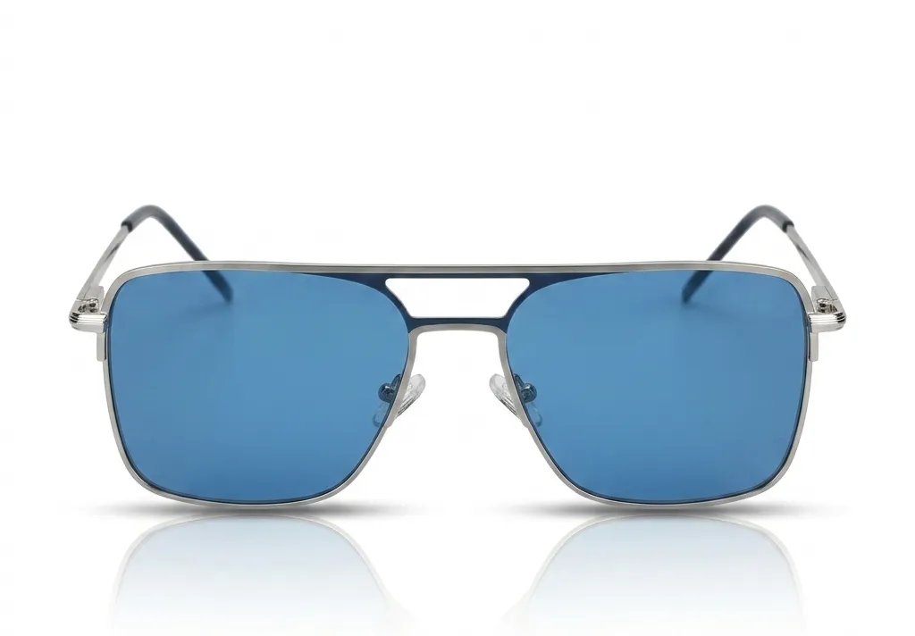Silver Square Frame Sunglasses with Blue Tint Lenses and Double Bridge