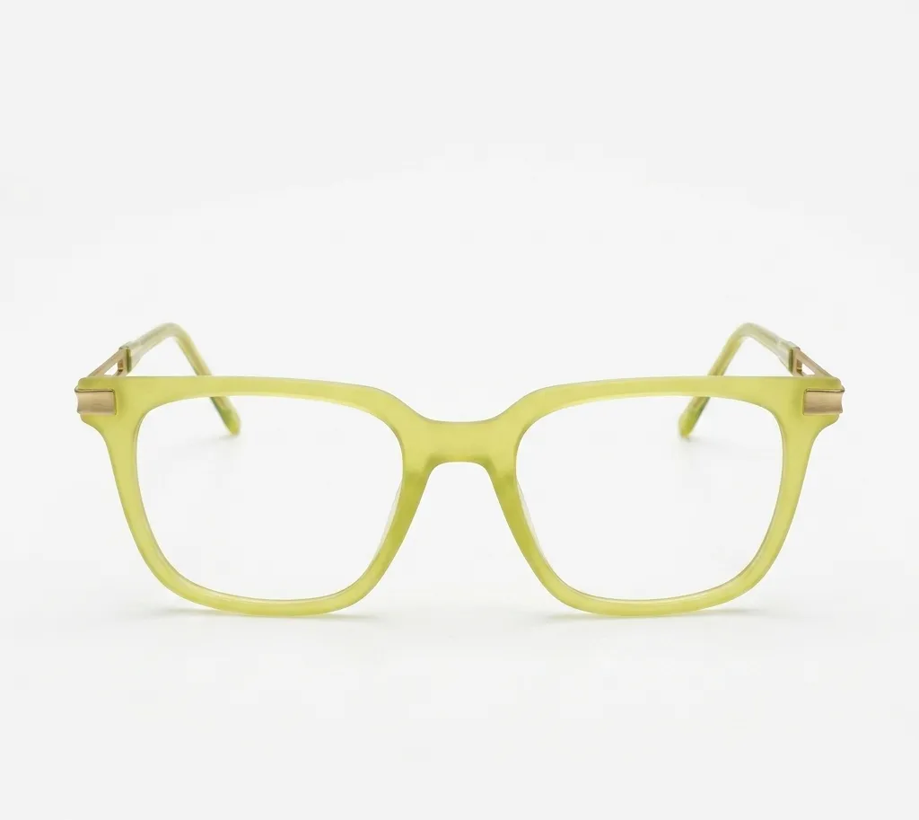 Matte Lime Green Eyeglasses: Trendy Square Frames with Gold Accents
